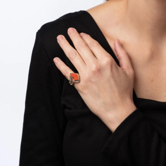 This is part of Chairish’s Fine Jewelry assortment. Finely detailed vintage coral & diamond cocktail ring, crafted in 14...