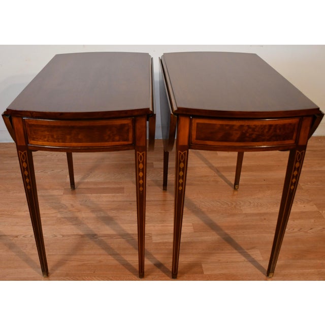 1970 Hickory Furniture English Sheraton Mahogany Inlaid Pembroke Side End Tables For Sale - Image 10 of 16