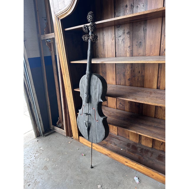1980s Large 67" Hand-Carved Wooden Cello Sculpture With Pinecone Tuning Pegs – Folk Art For Sale - Image 5 of 16
