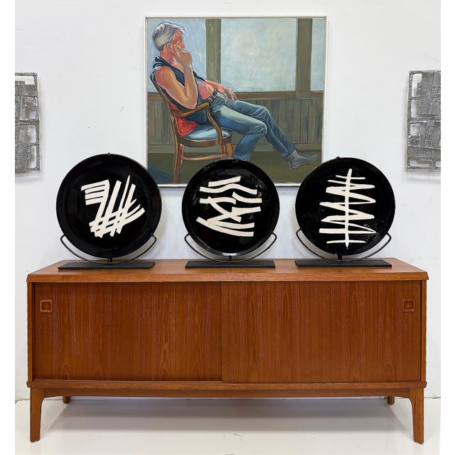 Large Abstract Moroccan Glazed Pottery Charger Plates on Stands, Set of 3 Offered for sale are 3 large contemporary...