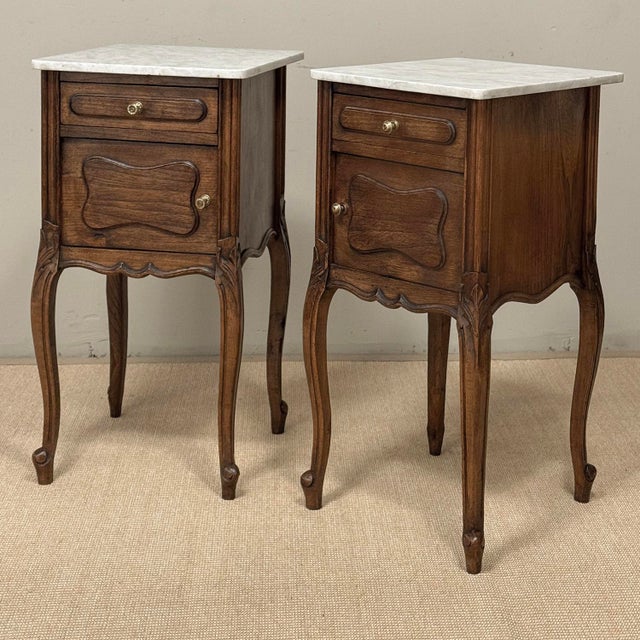Pair of Antique French Louis XV Oak Nightstands With Carrara Marble For Sale - Image 4 of 18