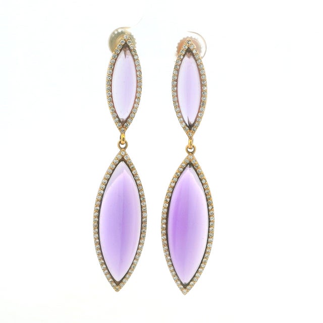 Italian 14k Gold Sugarloaf Amethyst & Diamond Drop Earrings, Pair For Sale In Miami - Image 6 of 7