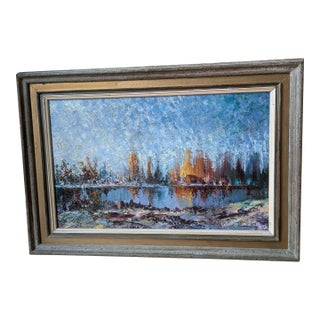 Early 1900's Cityscape, Impressionist Style Oil Painting of Reflections on Water by Artist Lebedeff/Lebedev For Sale