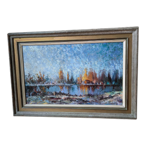 Early 1900's Cityscape, Impressionist Style Oil Painting of Reflections on Water by Artist Lebedeff/Lebedev