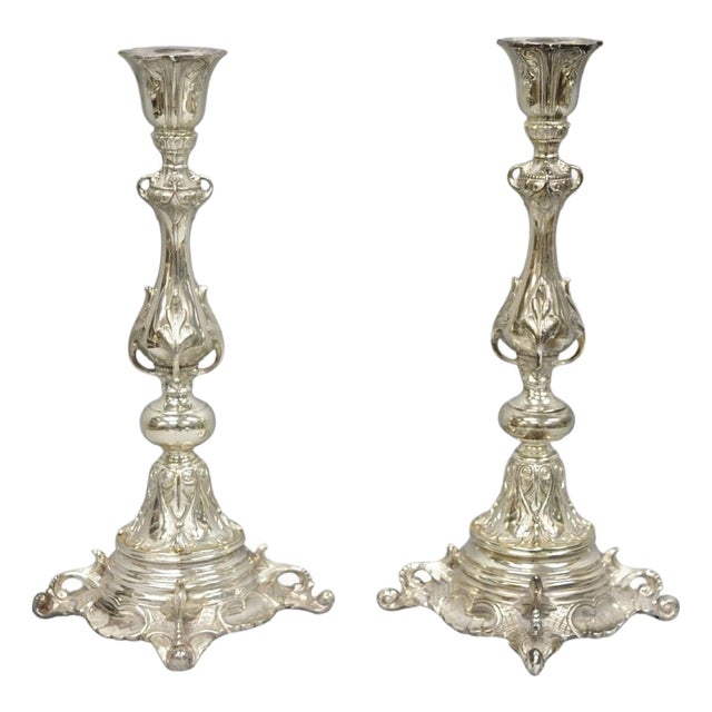 Antique Silver Plated WMF Warsaw Imperial Russia 12" Candlestick Holders - Pair For Sale