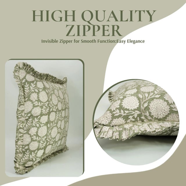 Art Deco Fabdivine Indian Block Print Frill Cushion Cover Green 24x24 Inch Thick Cotton White- Rajat For Sale - Image 3 of 5