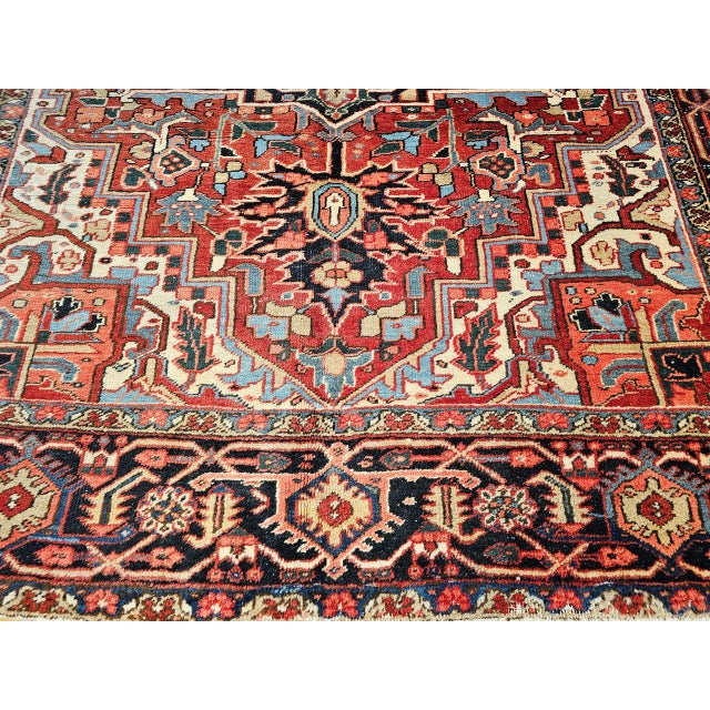 Vintage Persian Heriz Serapi Rug, Hand-Knotted Wool, Geometric Medallion Pattern, Brick-Red & Blue, 9x12 For Sale - Image 10 of 15