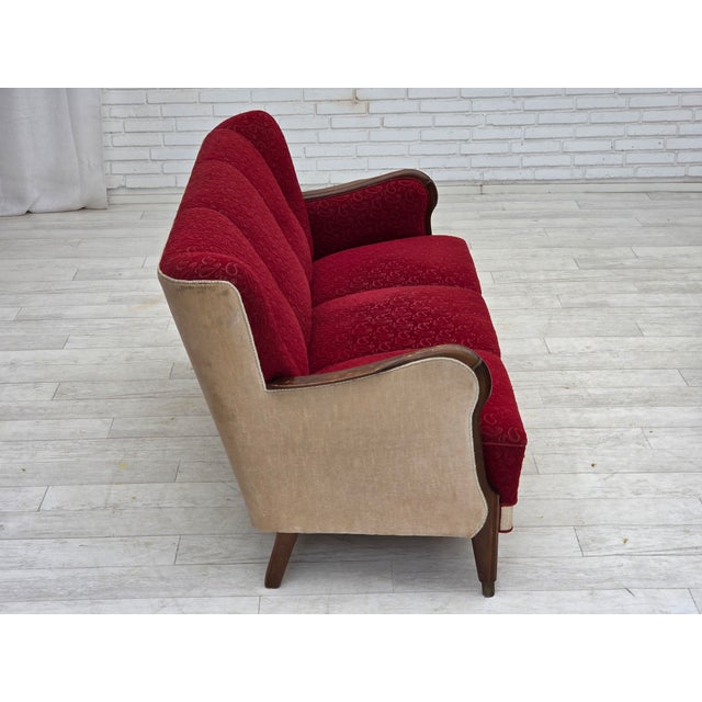 Wood Danish 3-Seater Sofa in Red/Beige Furniture Wool, 1950s For Sale - Image 7 of 18