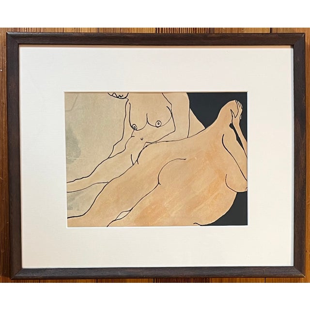 Mid-Century Modern Anna Poulos (American 1933 - 2003) Modernist Abstract Figural Ink Drawing and Watercolor Painting of Two Nude Women Dated 1966 For Sale - Image 3 of 9
