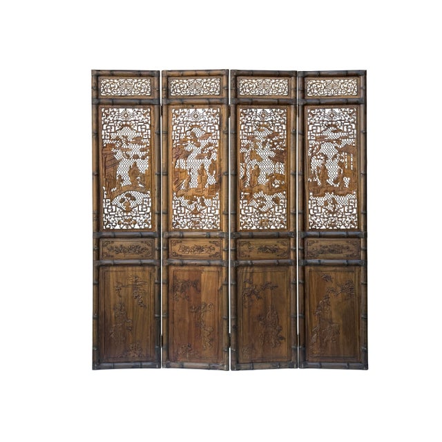 Auburn Vintage Finish Openwork Figural 4 Panels Wood Floor Screen Room Divider For Sale - Image 8 of 13