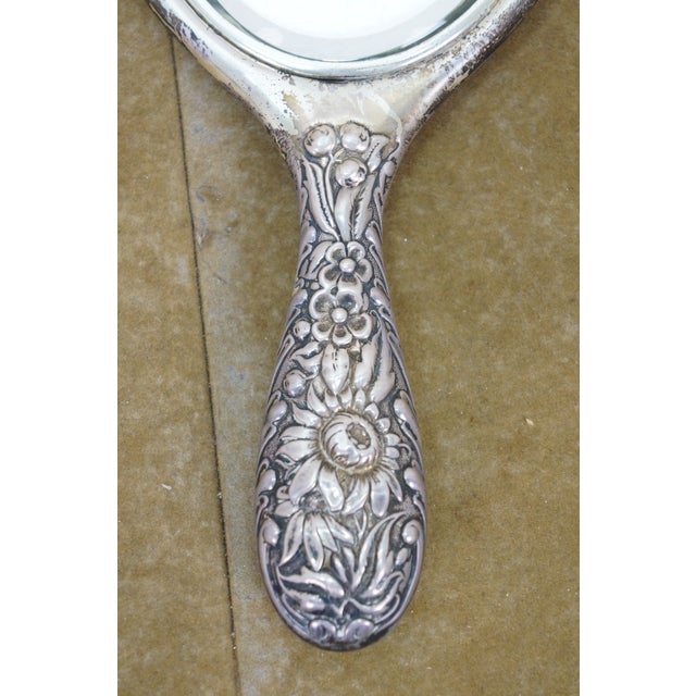 Late 19th Century Antique Dominick & Haff Repousse Sterling Silver Beveled Hand Vanity Mirror 11" For Sale - Image 5 of 13