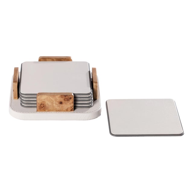 Sotto 6-Piece Leather Coaster Set with Holder, Ivory For Sale
