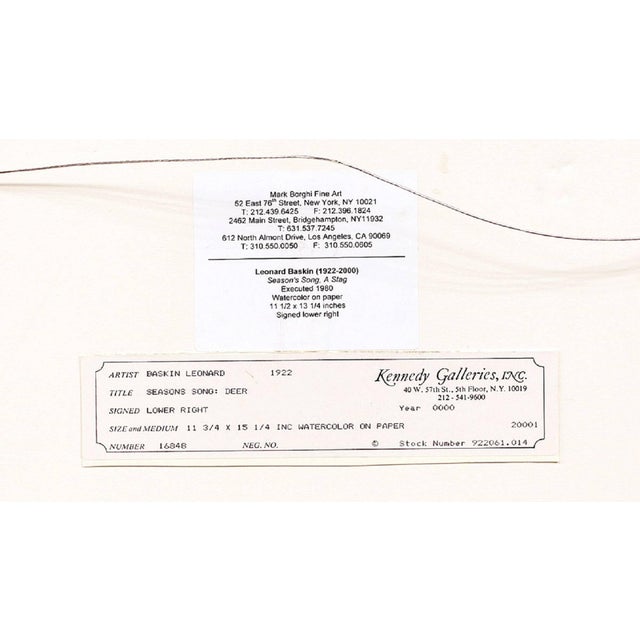 Leonard Baskin, Rare Leonard Baskin Watercolor Seasons Song: Deer Illus. Ted Hughes Poem, 1980 For Sale - Image 4 of 6