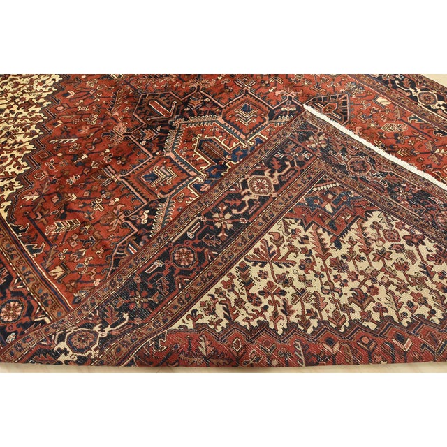Vintage Heriz Rug 8'3'' X 11'8'' Red Wool Tribal Hand-Knotted Oriental Carpet For Sale - Image 14 of 15