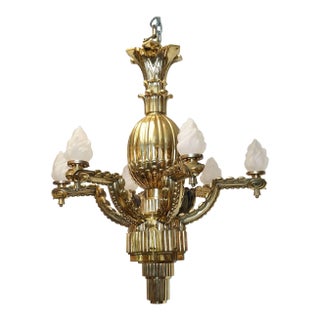 Six-Arm Gilt Bronze Deco Chandelier with Fluted Design Work For Sale