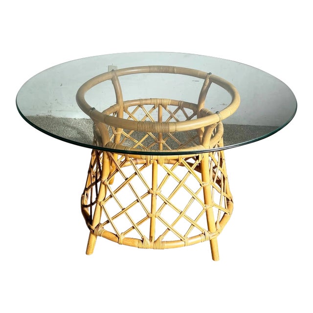 Boho Chic Bamboo Rattan Circular Glass Top Dining Table by Ficks Reed For Sale