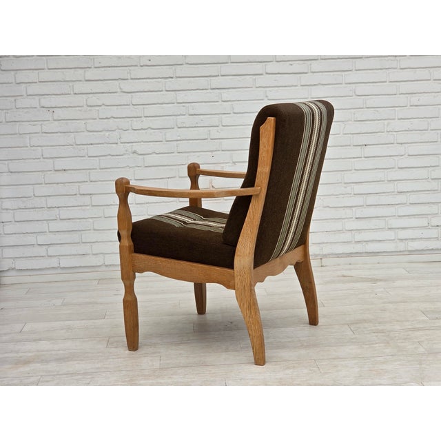Danish Armchair in Striped Furniture Wool and Carved Oak Wood, 1970s For Sale - Image 11 of 17