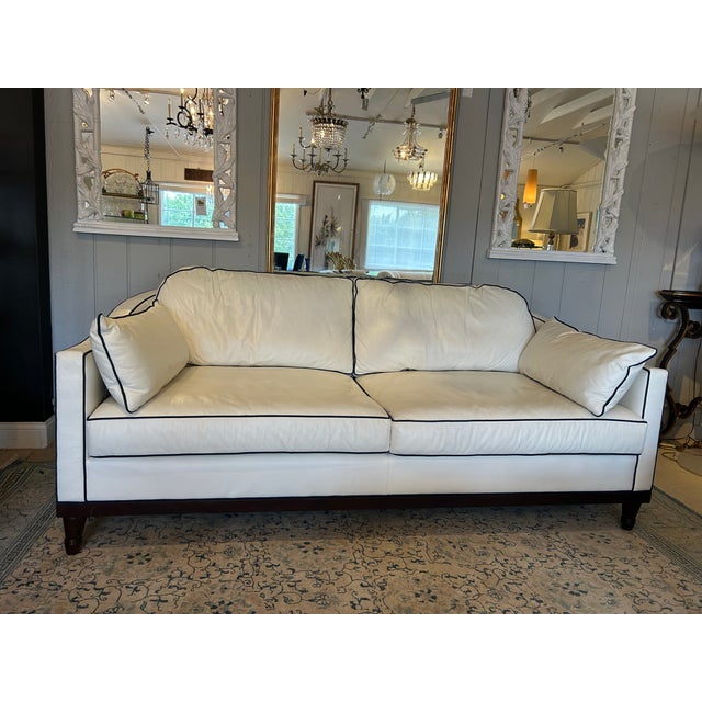 2010s Large Vanguard White Leather & Navy Blue Trimmed Sofa For Sale - Image 5 of 11