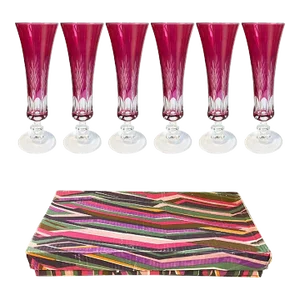 Vintage Cut to Clear Cranberry Fluted Glasses in Original Box Set of 6 - Italy