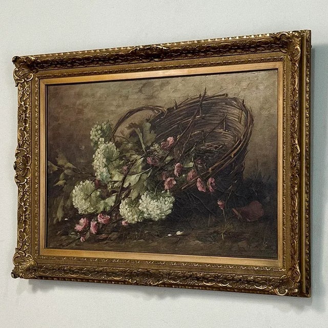 Antique Framed Oil Painting on Canvas by Jan Deckers (1865-1942) is a stunningly realistic depiction of a basket of fresh-...