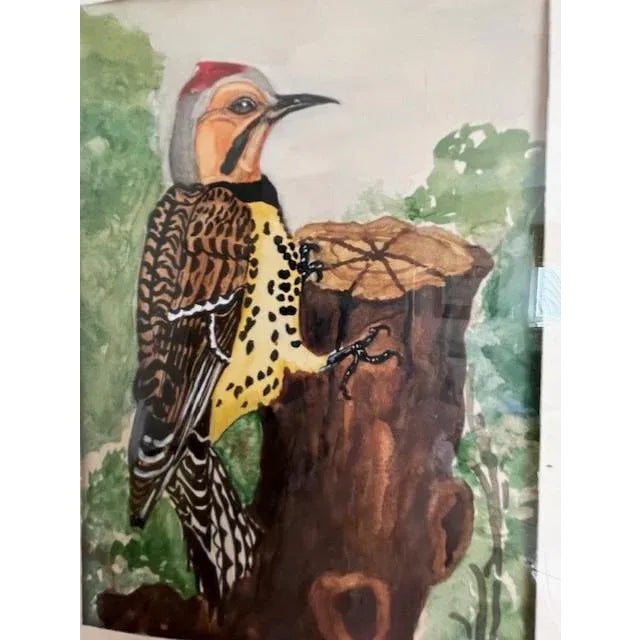 Two lovely original framed watercolorings of birds. These vintage mid-century paintings have beautiful woodsy colorings...