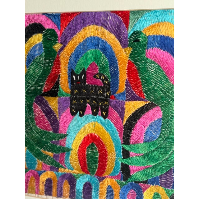 Textile Vibrant Hand-Embroidered Textile Art | Framed Ethnic Fabric With Rainbow Colors and Bird Motif For Sale - Image 7 of 9