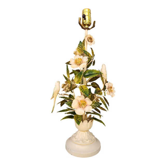 Mid 20th Century Italian Tole Flora and Fauna Table Lamp For Sale