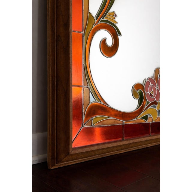 Glass Vintage Artglas Reverse Painted Mirror — Art Nouveau Floral Panel, Hollywood Regency Statement, 1970s For Sale - Image 7 of 12