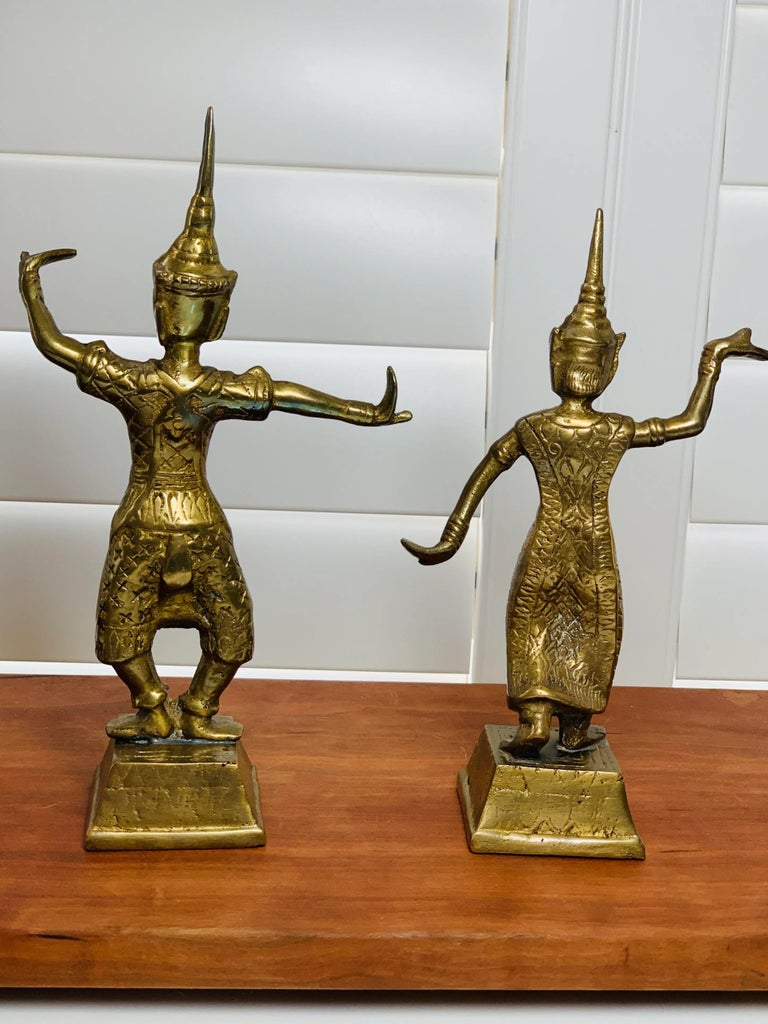 Pair of Vintage Brass Thai Dancer Statues – Male & Female 
