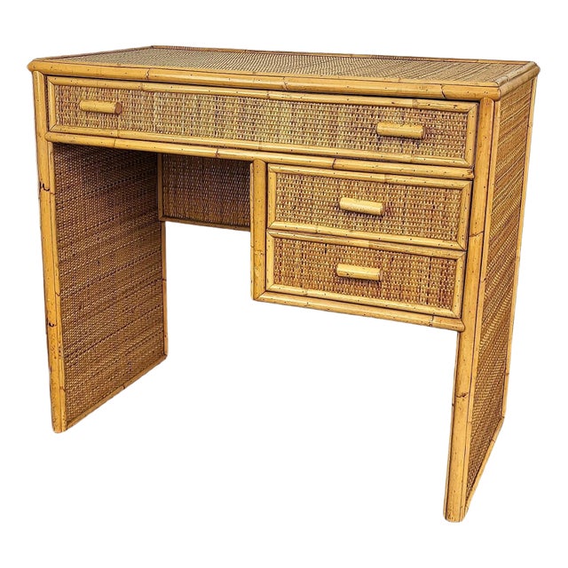 Mid-Century Bamboo, Wood and Rattan Writing Desk with Drawers, Italy, 1970s For Sale