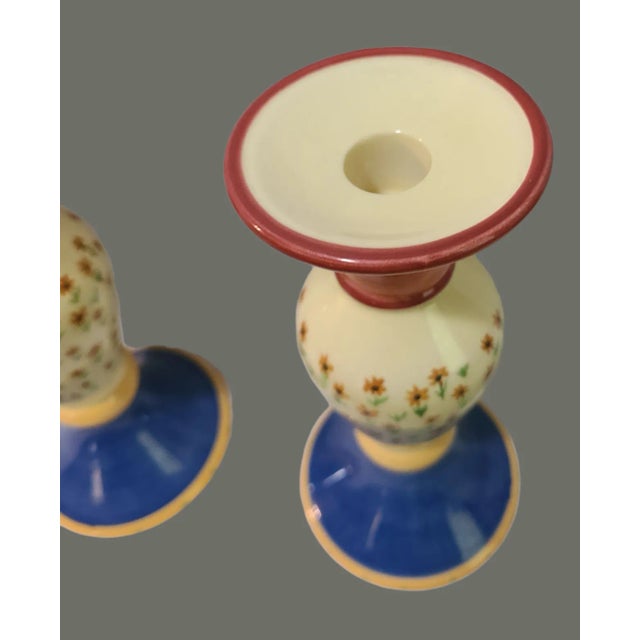 Pair of Vintage Pfaltzgraff Pistoulet Hand Painted Floral Colorful Ceramic Pistoulet Candle Sticks For Sale - Image 4 of 7
