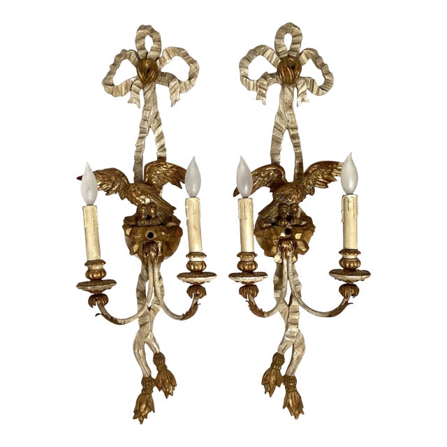 Early 20th C. Hand Carved Continental Parcel Gilt Eagle Motif Wall Sconces - A Pair For Sale