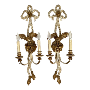 Early 20th C. Hand Carved Continental Parcel Gilt Eagle Motif Wall Sconces - A Pair