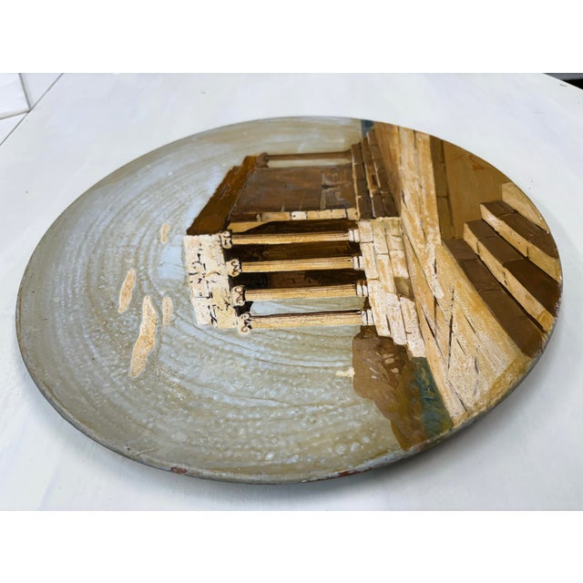Mediterranean 1940s Vintage Neoclassic Hand Painted/Signed Terra Cotta Wall Plate Depicting Temple of Athena For Sale - Image 3 of 8
