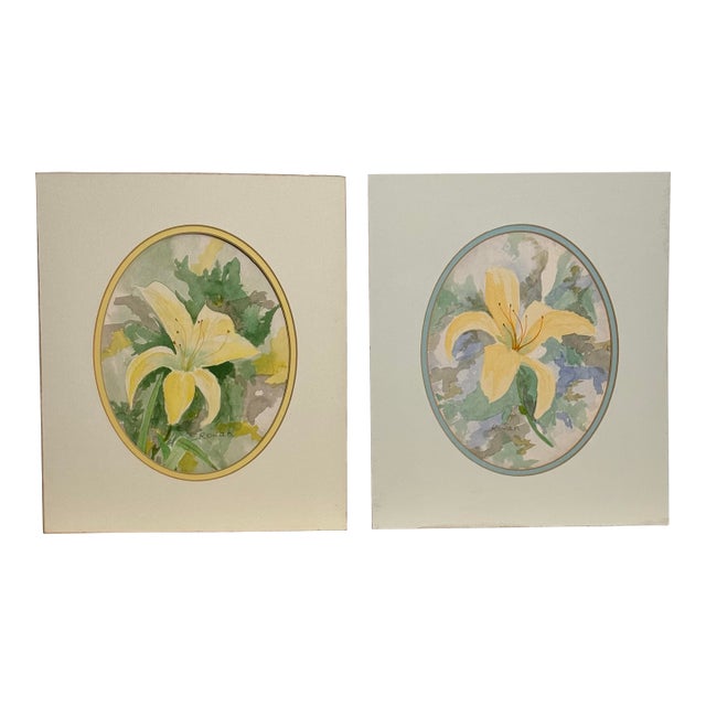 Vintage Shabby Chic Floral Still Life Original Watercolor Paintings, a Pair For Sale