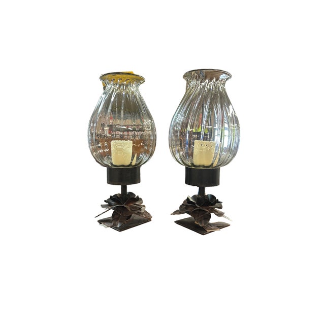 Brutalist Late 20th Century Pair of Jan Barboglio Hand-Forged Iron & Glass Hurricane Candle Holders For Sale - Image 3 of 7