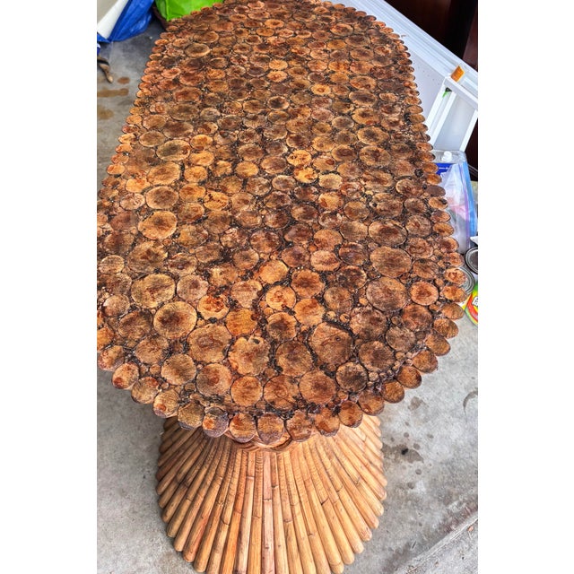 McGuire Refurbished Rattan Stacked “Sheaf of Wheat” Pedestal Table. Boasts a Thick 3/4 Inch Clear Glass Beveled Top. For Sale In West Palm - Image 6 of 8