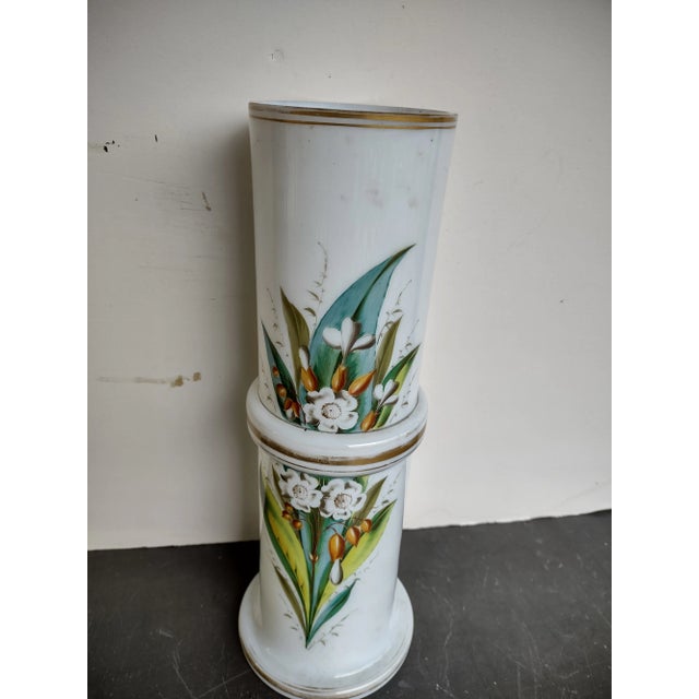 Late 19th Century 19th Century French Bamboo Form Hand Painted White Opaline Vase With Flowers and Gold Trim Ii For Sale - Image 5 of 5