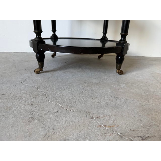 1960s Hollywood Regency Black Ebonized Three-Tier Side Table on Brass Casters For Sale - Image 10 of 12