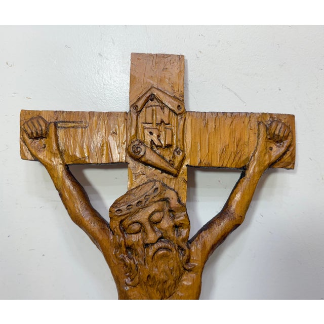 Big Vintage Hand Carved Wood Folk Art Religious Jesus Crucified Cross Sculpture For Sale - Image 11 of 15