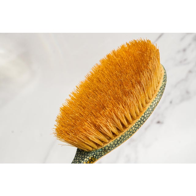 Rare Antique English Shagreen Vanity Set c.1920, Goldsmiths & Silversmiths London, 5-Piece Boxed Dressing Set Brushes Mirror For Sale - Image 13 of 15