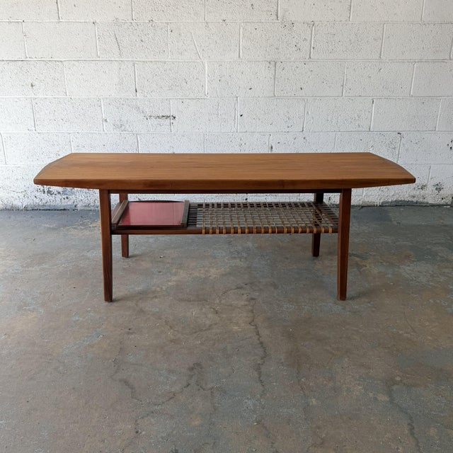 Mid-Century Modern Vintage Danish Modern Teak Coffee Table With Pull-Out Tray and Woven Shelf, Circa 1960's Mid Century For Sale - Image 3 of 7