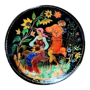 Russian Vintage Polychrome Painted Fine Black Lacquer Covered Round Box