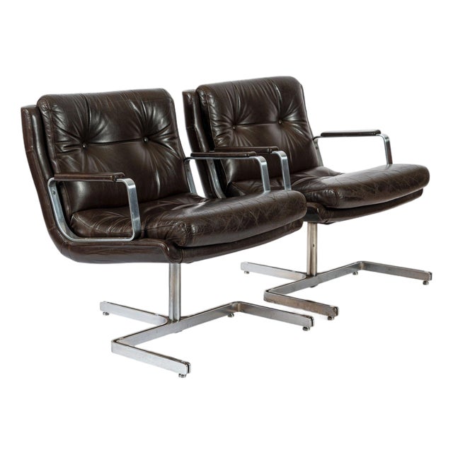 Mid Century French Brown Leather Lounge Chairs by Raphael Raffel 1970s For Sale