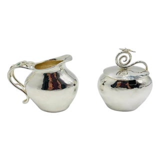 Vintage Emilia Castillo Mexican Silversmith Creamer and Sugar Bowl, Hand Signed For Sale