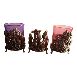 1980s Ornate Bronze Votive Candle Holder With Colored Tealite Glass Insert - Set of 3