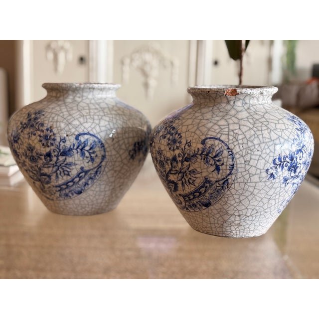 Baby Blue Vintage Large French Clay Crackle Glaze Set of 2 Pots Urn Vase For Sale - Image 8 of 16