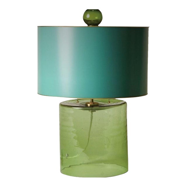 Vintage Stray Dog Design Contemporary Style Handblown Art Glass Lamp With Blue Tole/Metal Drum Shade For Sale