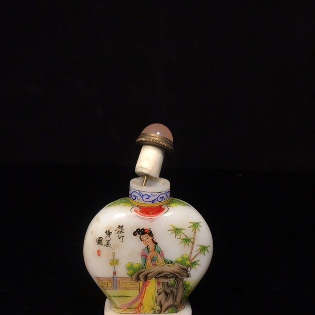 Late 20th Century Hand-Painted Liuli Glass Snuff Bottle With Maiden & Guqin Scene, Qianlong Mark For Sale - Image 4 of 9