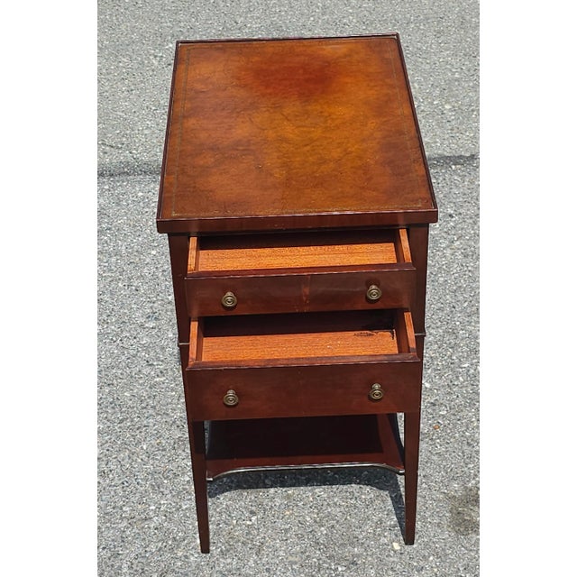 Traditional Imperial Furniture Two-Drawer Tooled Leather Mahogany Tiered Side Table For Sale - Image 3 of 11